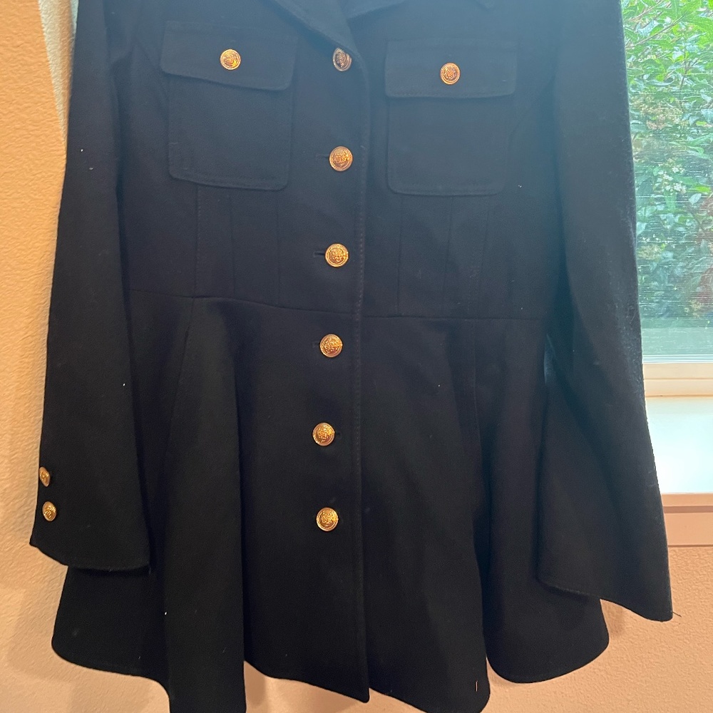 Cute Black Wool Coat French Laundry with Gold Navy Button Details and Bell Skirt
